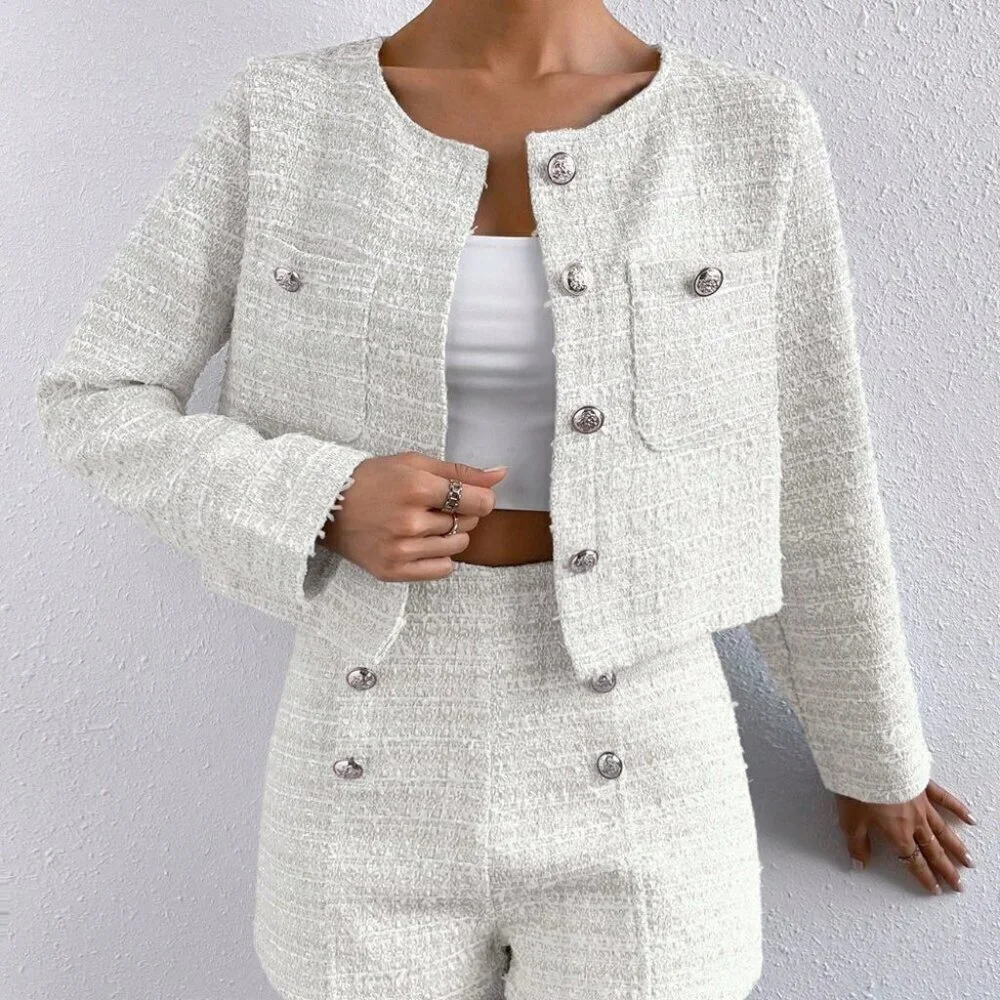 White Casual Womens Plaid Print Button Front Jacket & Shorts - Picture 1 of 5
